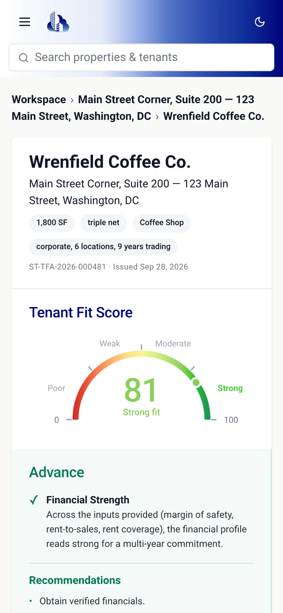 A SkyTenant Tenant Fit report on a phone: the overall score and the factors behind it.